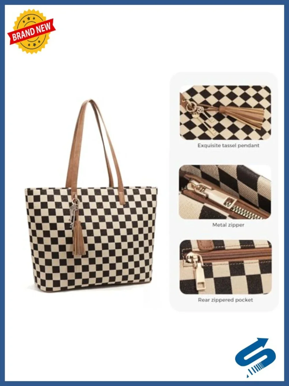 Checkered Canvas Tote Bag with Wristlet Large Capacity Shoulder Handbag